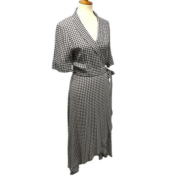 GANNI Gingham Crepe De Chin Black White Check True Wrap Dress Women’s Large - Picture 10 of 15